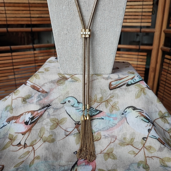 Stella and Dot Signed Brass Tone Long Slide Snake Chain Necklace Dual Tassels - Picture 3 of 10